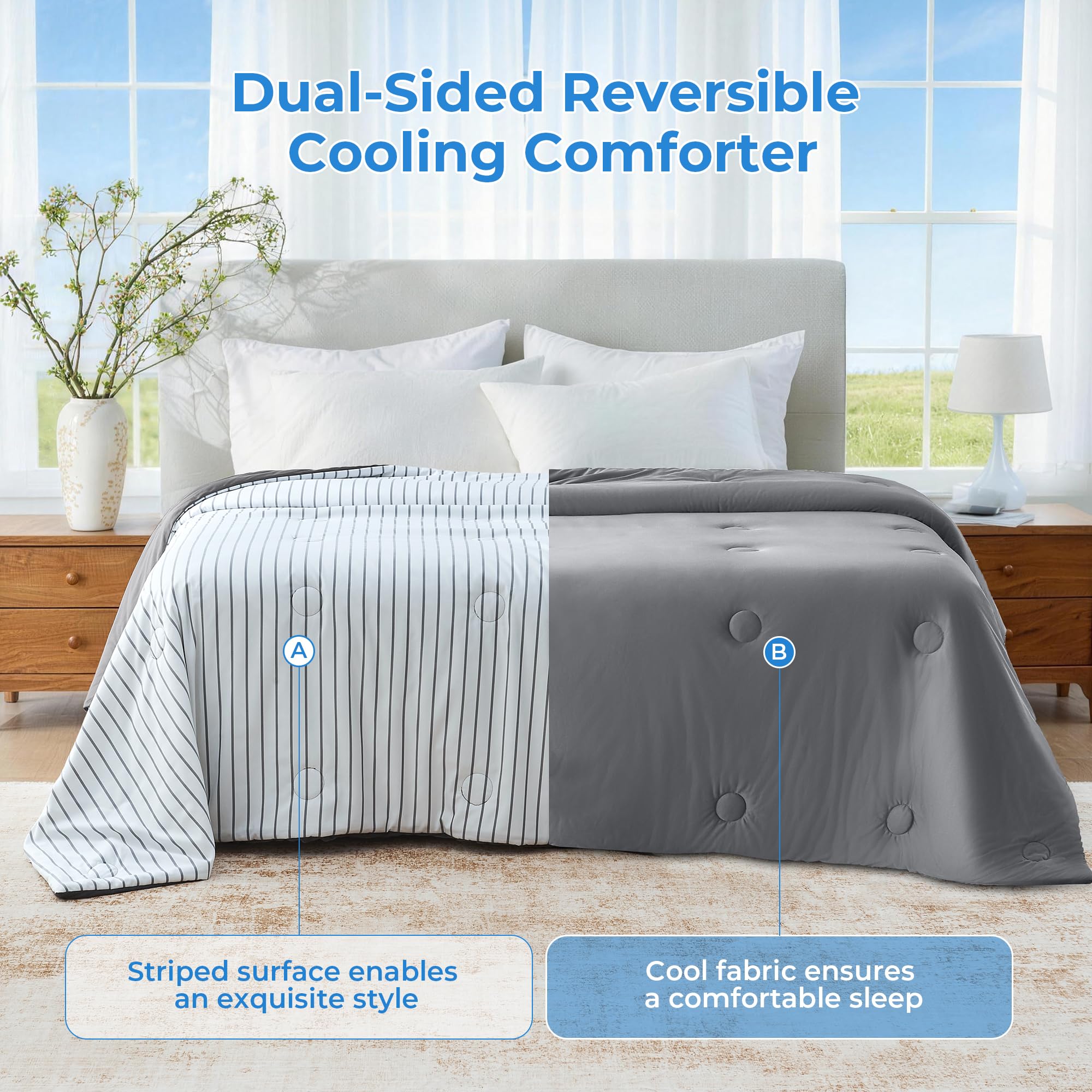 Condition photo showing New/Like New for bedsmile striped cooling comforter twin size, q-max 0.45 reversible cooling blanket for hot sleepers