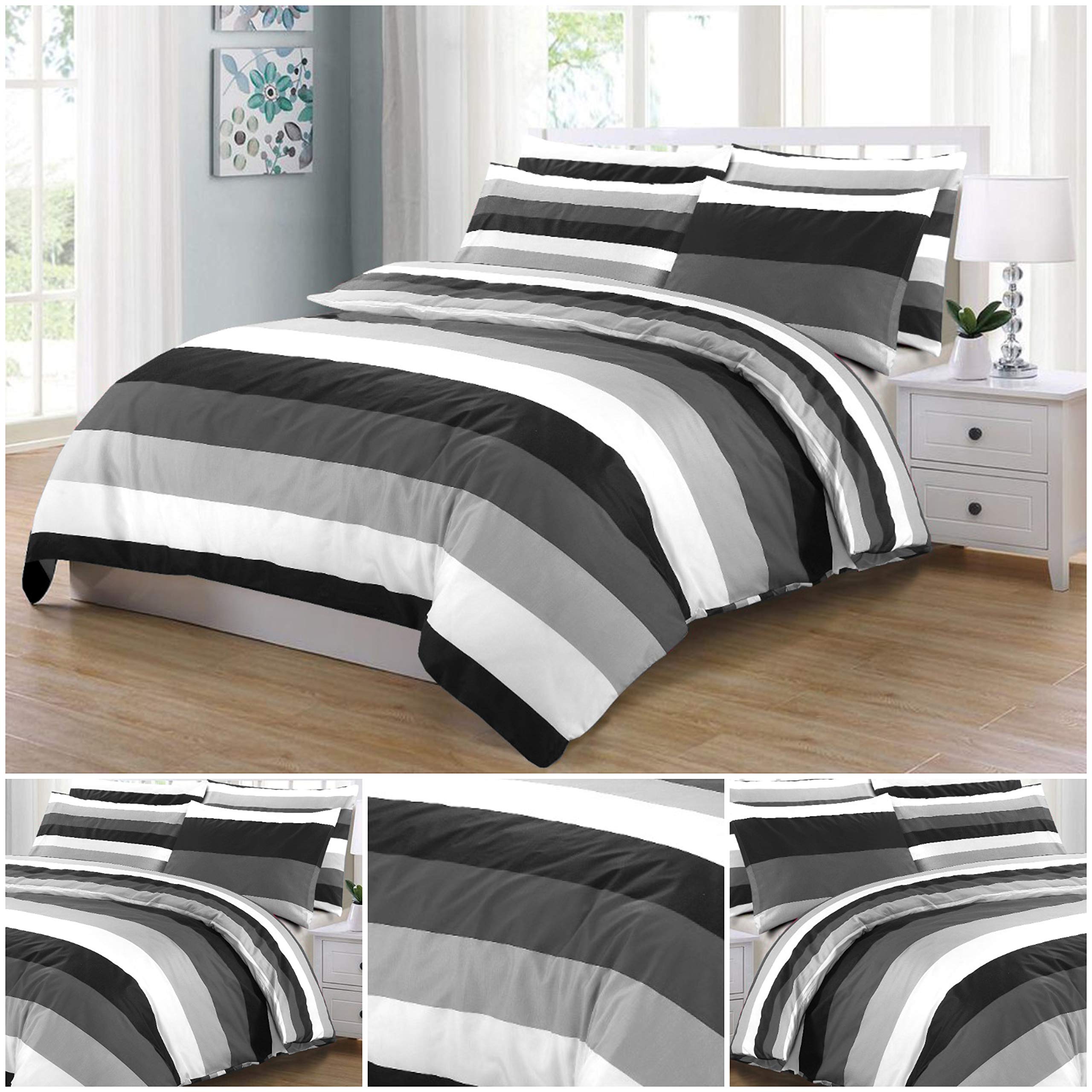 SeventhStitch Grey Duvet Cover 100% Cotton Percale 200 Thread Count Fully Reversible Stripe Quilt Covers Bedding Sets Double King Super King Size (King)