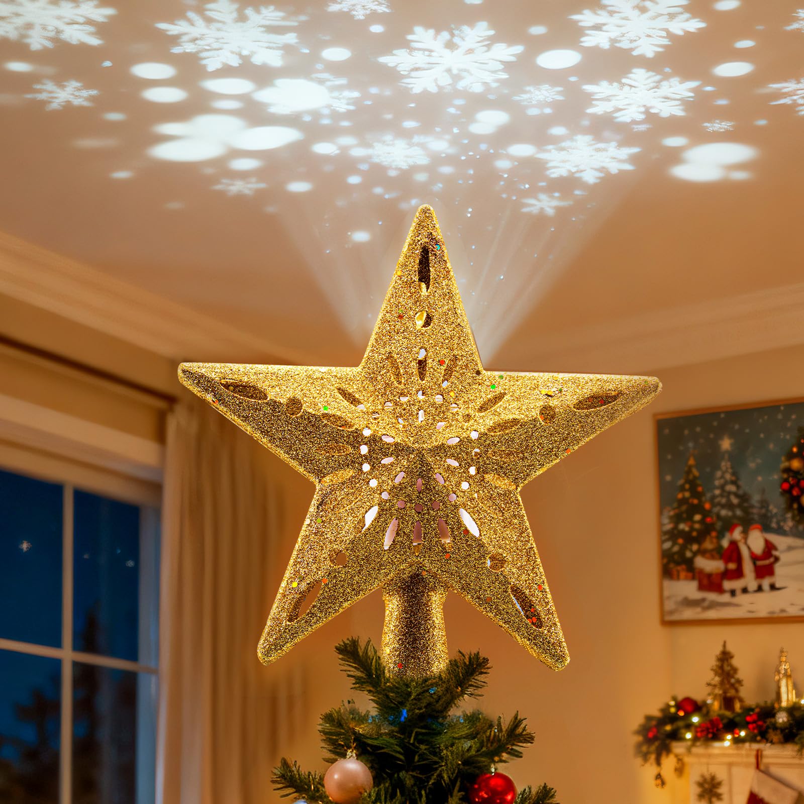 Photo 1 of *USED*
Christmas Tree Topper Lighted with Golden Snowflake Projector, 3D Holographic Rotating LED Magic Light, Christmas Tree Star Topper for Christmas Tree Decorations