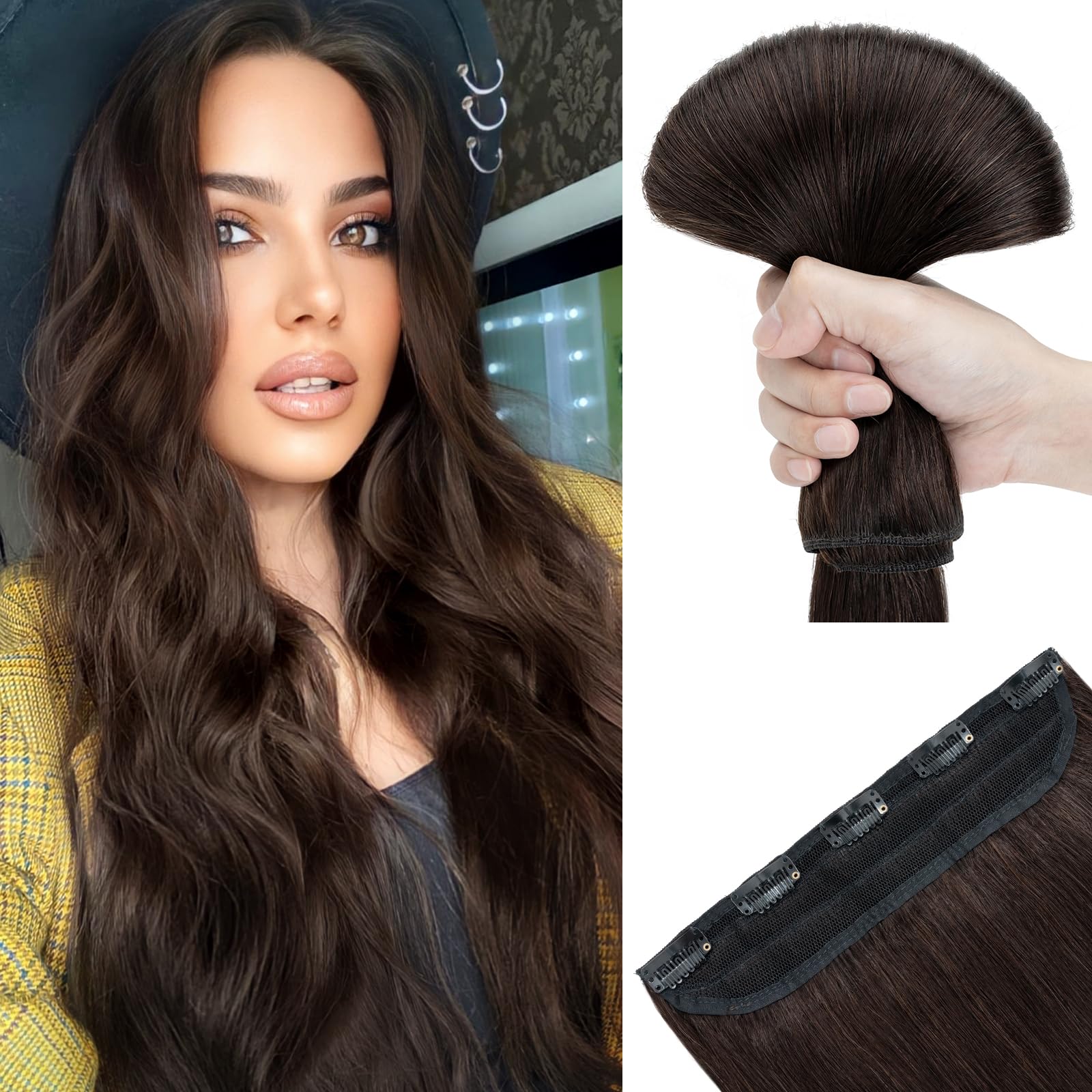 SEGOHAIR Hair Extensions Clip in Human Hair Extensions, 3/4 Full Head Thick 18" One Piece 5 Clips -Dark Brown