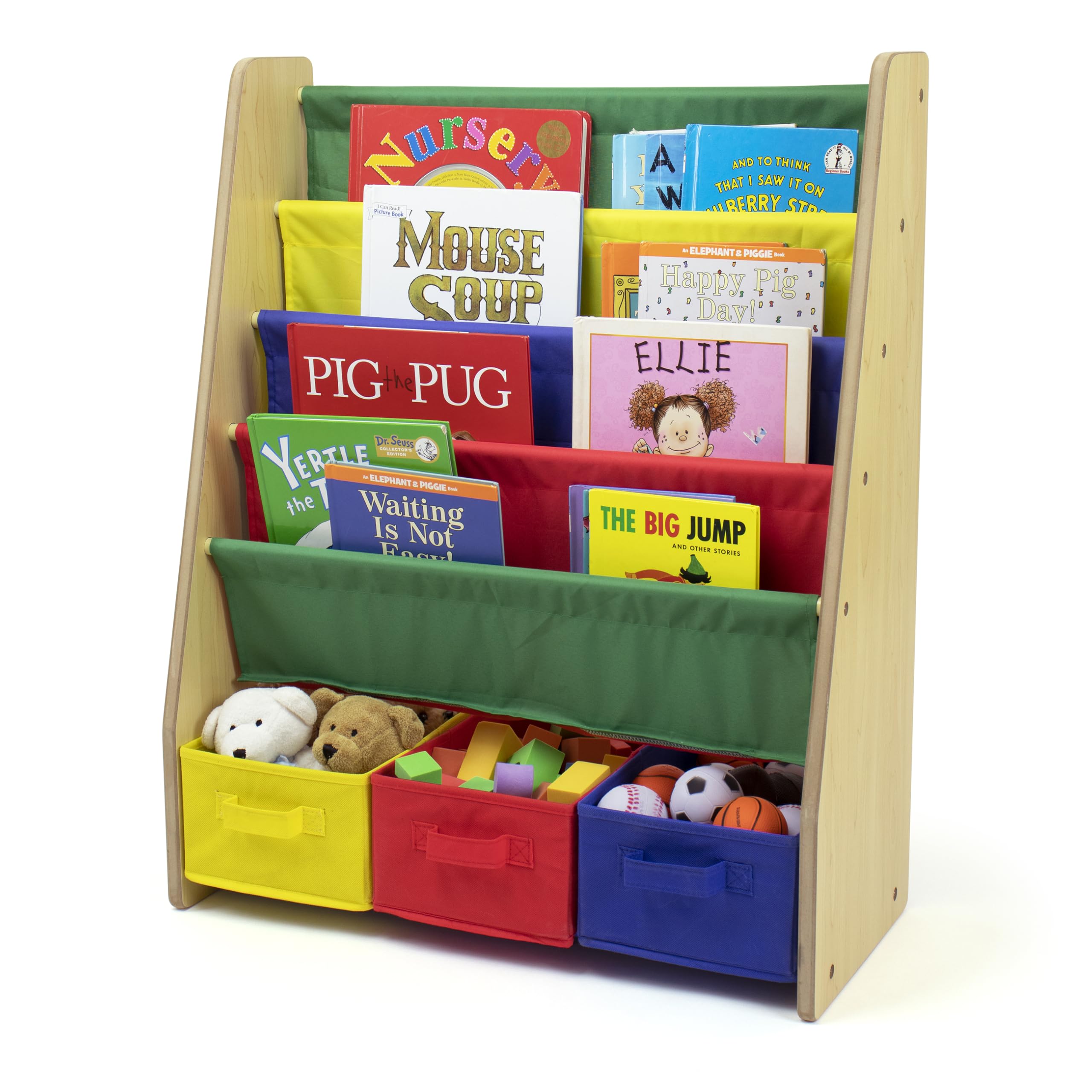 Humble Crew 4-Tier Kids Bookshelf and 3 Bins Toy Storage, Natural and Primary - Book Shelf for Kids Rooms with Four Deep Pockets - Toddler Sling Book Rack with Deep Sleeves, Nursery Bookcase Organizer