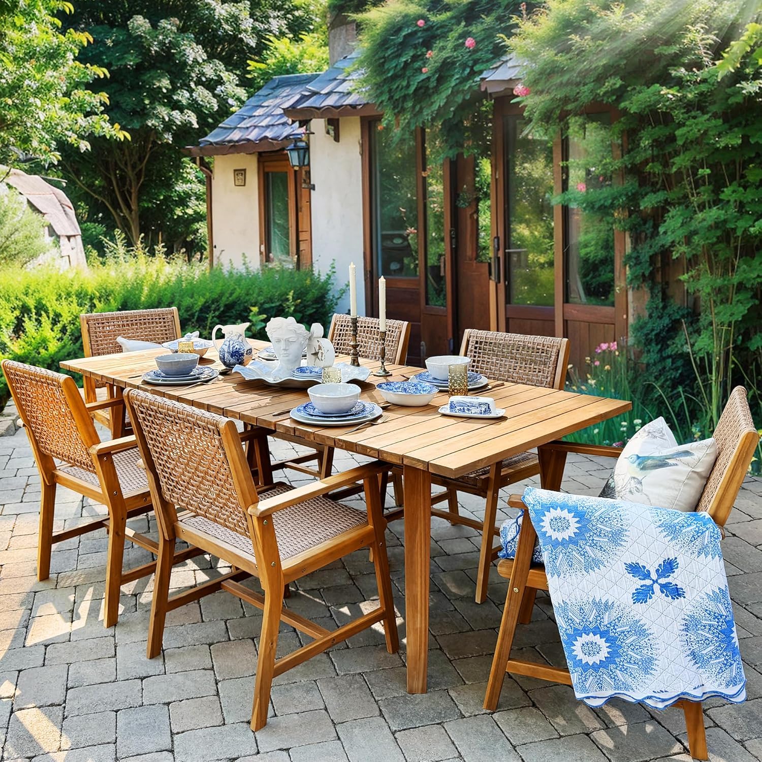 PHI VILLA Patio Dining Set,Acacia Wood Table and Rattan Chairs