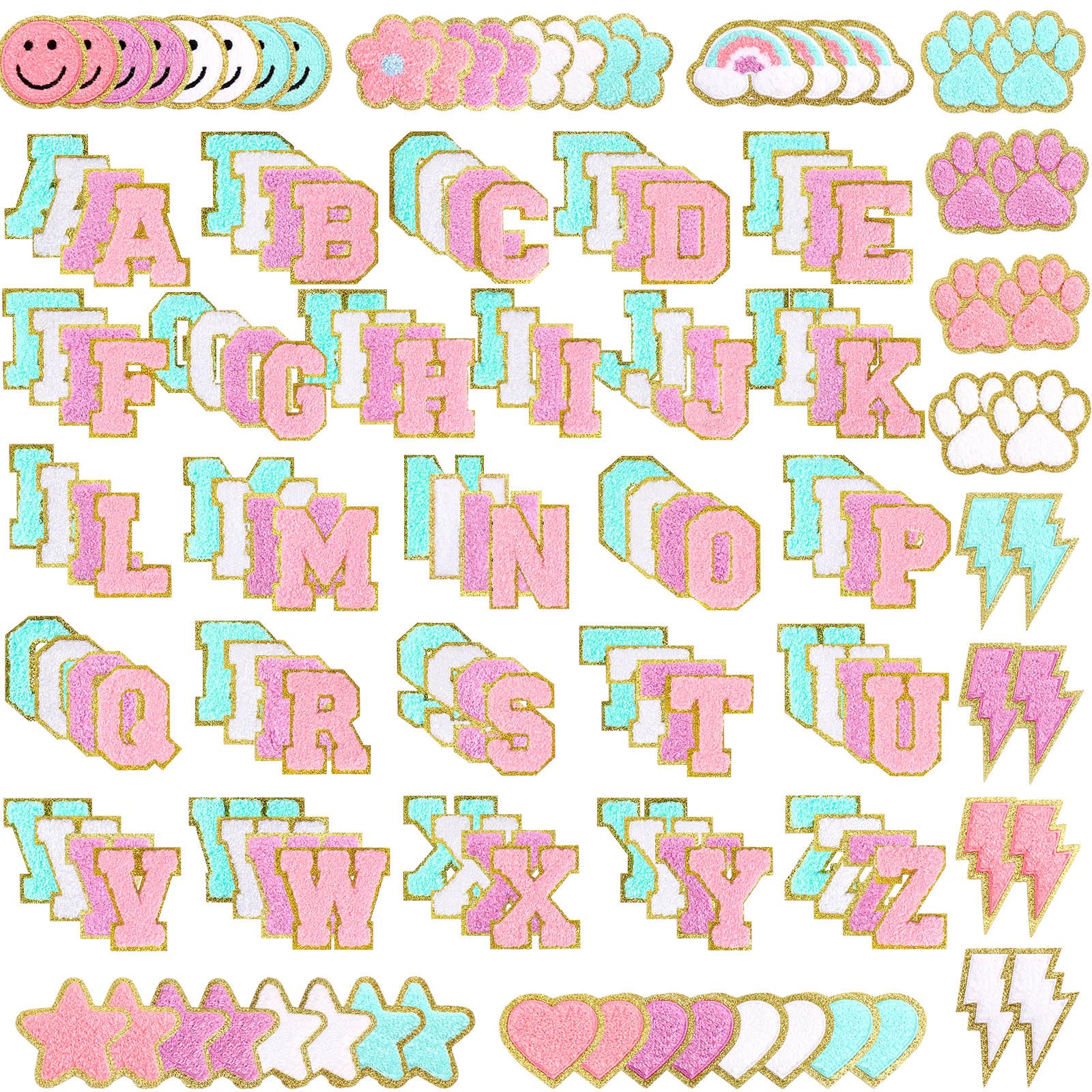Photo 1 of Yilloog 156 Pcs Glitter Self Adhesive Letters Chenille Clothing Patches Embroidered Repair Fuzzy Patches Alphabet Gold Trimmed Preppy Clothing Badges Sewing Appliques (Pastel Classic)