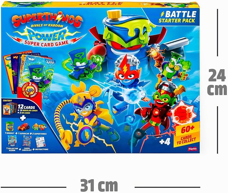 Jogo de Cartas Super Poder SUPERTHINGS – Pack Inicial de Batalha. Caixa com bonecos de ação, acessórios, cartas surpresa de álbuns e colecionáveis. Contém Hidead, Supercar, 2 figuras, livro de coleção e 12 cartas
