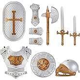 Liberty Imports Medieval Knight in Shining Armor, Kids Crusader Pretend Role Play Plastic Costume Dress Up Cosplay with Toy Swords, Axe, Shield, Weapons & Accessories Playset