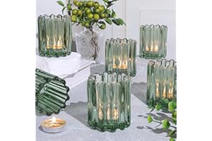 HAVITI 6 PCS Votive Candle Holder, Green Glass Candle Holders, Tealight Candle Holder for Wedding Centerpieces Dinner Party Table Decor