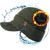 TOP-EX DryKnit™ Waterproof 50% Merino Wool Visor Beanie Hat for Men Fleece Lined Winter Hat with Brim for Big Heads