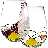 Bezrat Stemless Wine Glasses Set of Two | Hand Painted Large Premium Red and White Wine glasses | Lead-Free Crystal | Essential Wine Gift | 18 Ounces (Gold)