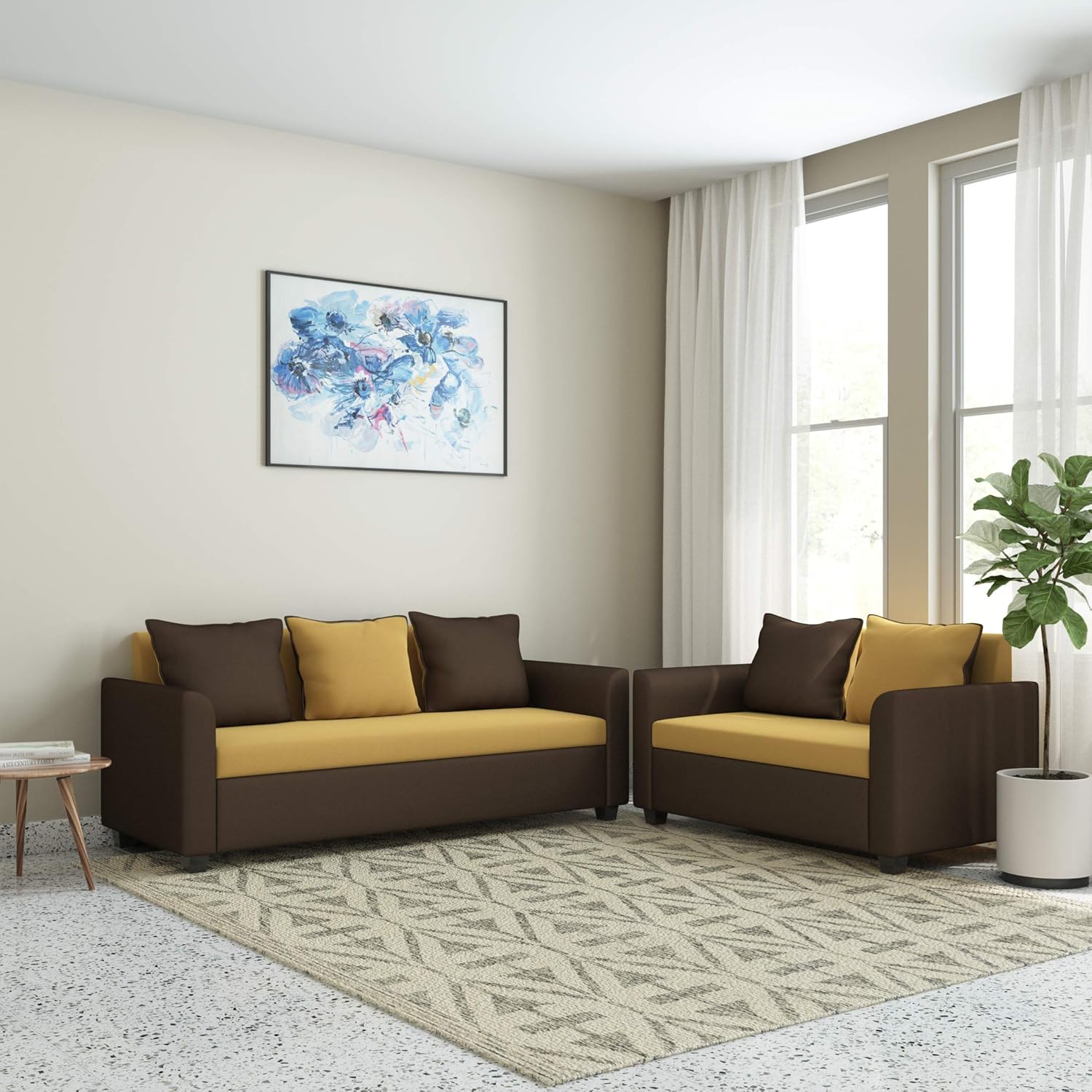 Amazon Brand Solimo Nigella Fabric 3+2 Seater Sofa Set (Beige & Brown) Amazon.in Home & Kitchen