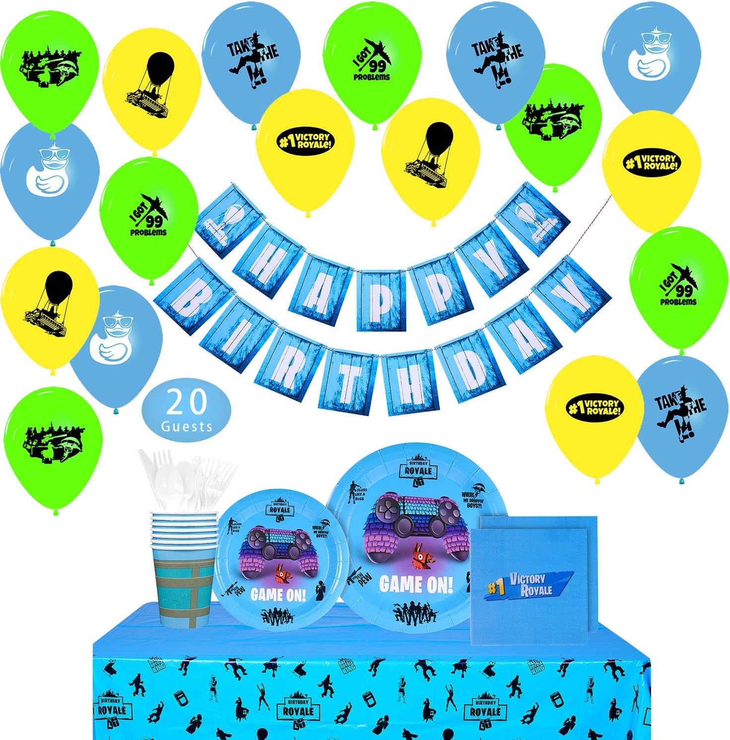 Video Game Party Supplies - 160 PCS Game On Party Decoration for Boys Birthday Party, Banner, Balloons, Plates, Cups, Napkins, Tablecloth, Spoon, Forks, and Knives, Serves 20