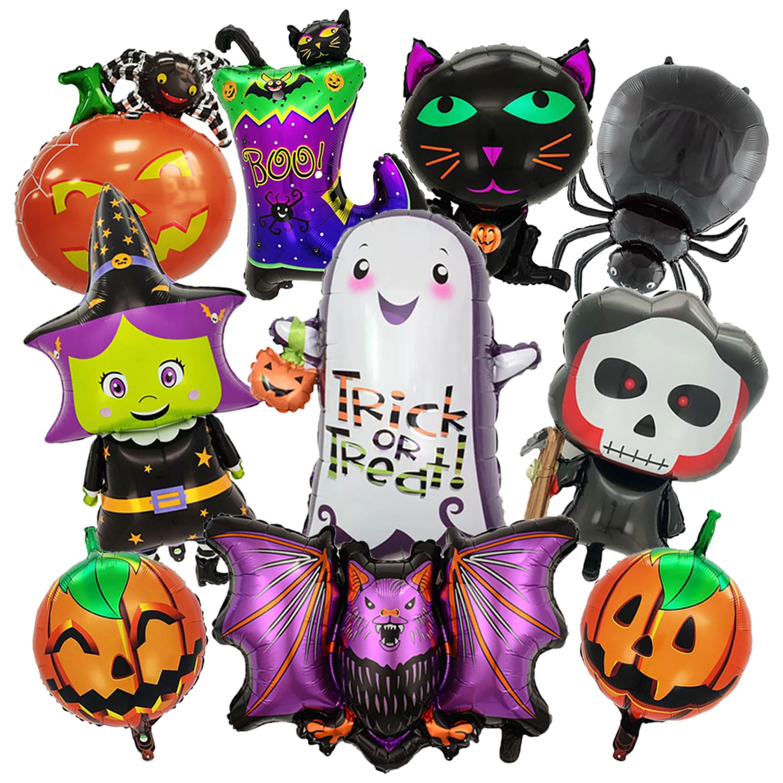 Photo 1 of 10 Pcs Halloween Foil Balloons Large Ghost Spider Pumpkin Bat Skeleton Witch Boo Mylar Balloons for Spooky Halloween Birthday Party Decorations