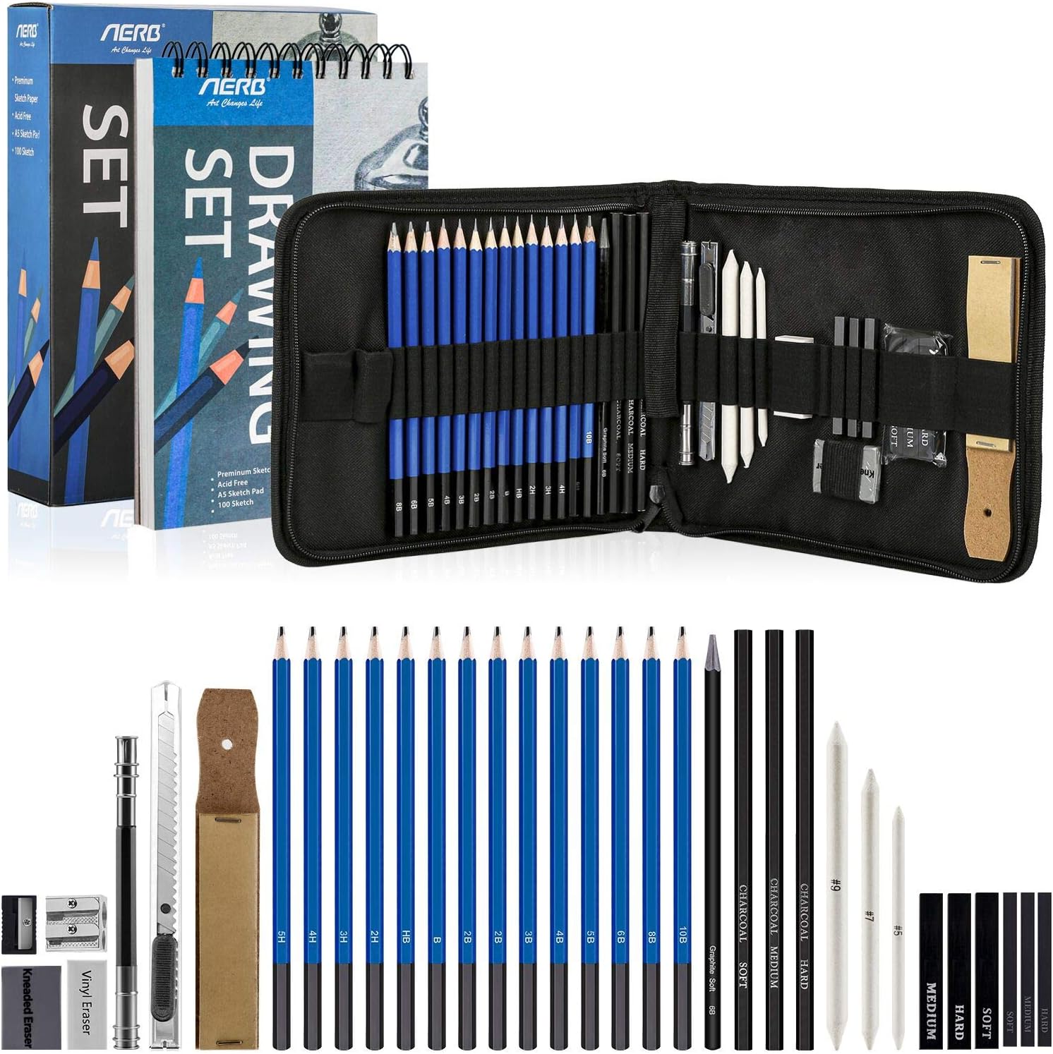 Aerb Zeichenset,36pcs Skizzierstifte set, 100S. Skizzierheft professionelle Stifte zum zeichnen mit Tasche für Kinder/Erwachsene
