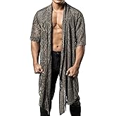 JOGAL Mens Mesh Fishnet See Through Cardigan Ruffle Shawl Collar Open Front Top