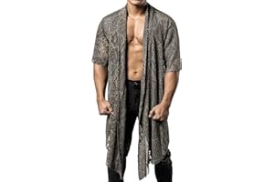 JOGAL Mens Mesh Fishnet See Through Cardigan Ruffle Shawl Collar Open Front Top