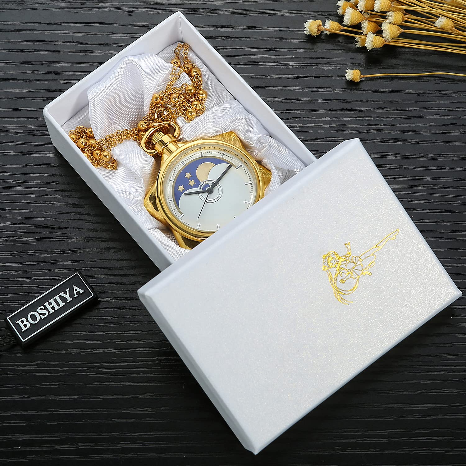 BOSHIYA Sailor Moon Pocket Watch Gold Rhinestone Star Quartz Pocket Watches for Women with Chain Necklace Cosplay Accessories & Gifts Box