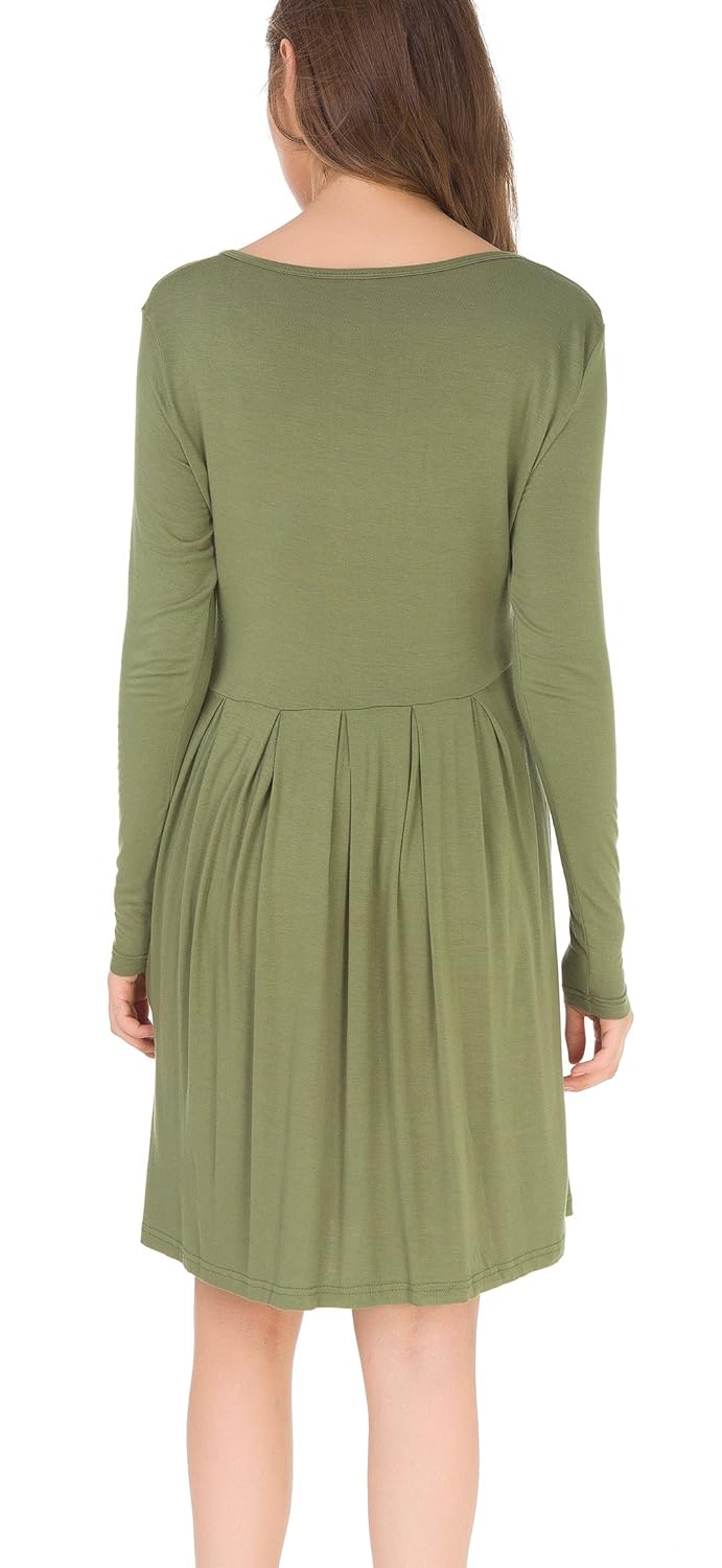 AUSELILY Women's Long Sleeve Pleated Loose Swing Casual Dress with Pockets Knee Length AUSELILY Women's Long Sleeve Pleated Loose Swing Casual Dress with Pockets Knee Length