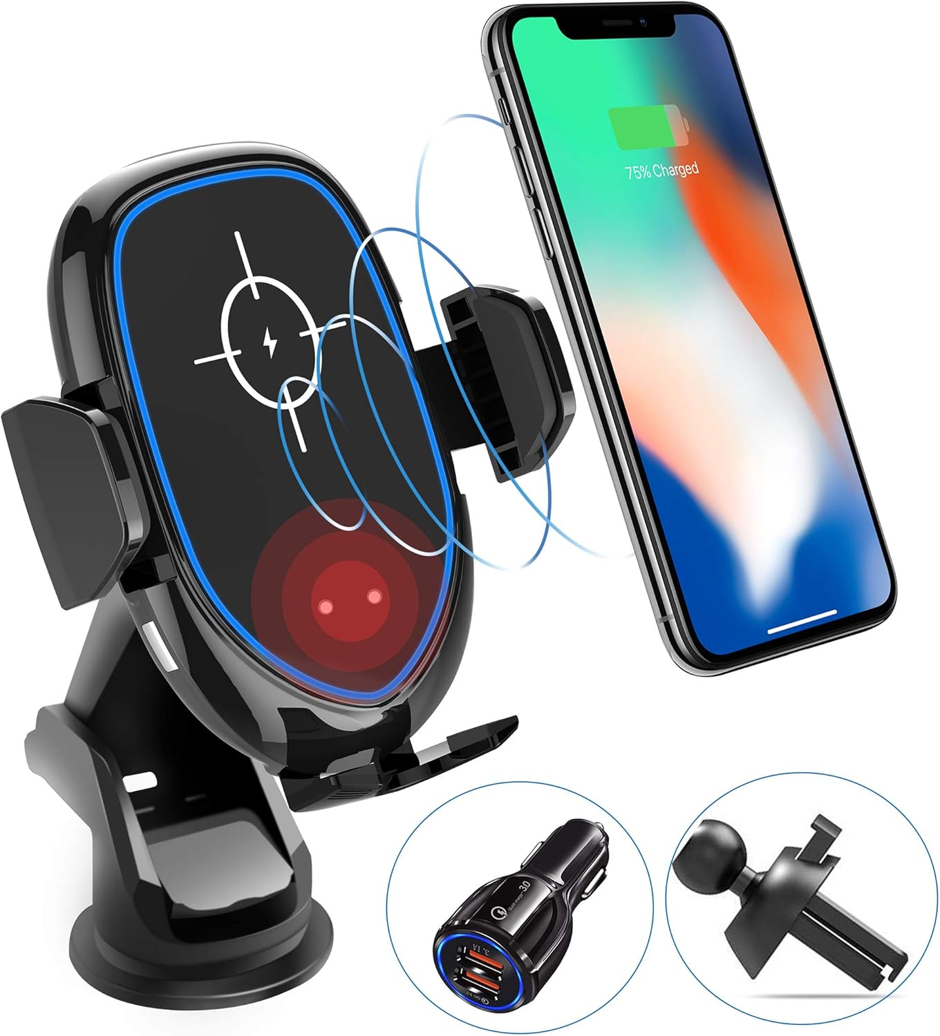 Amazon 19進化版 車載qi ワイヤレス充電器 車載 ホルダー 赤外線センサーによる自動開閉 アロマケース付き 優しいledライト 冷却ファン搭載 10w 7 5w 急速ワイヤレス充電器 360度回転 エアコン吹き出し口 吸盤式両用 Quick Charge 3 0 Usb車載 急速充電器付き