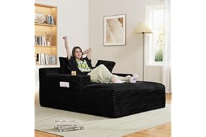 DAMAIFROM Oversized Chaise Lounge Chair Indoor with Cup Holders & Side Pocket, 50"W x 68"D Plush Corduroy Boneless Chair with Thickened Backrest & Deep High Seat Comfy Reading Chair for Studyroom - Black