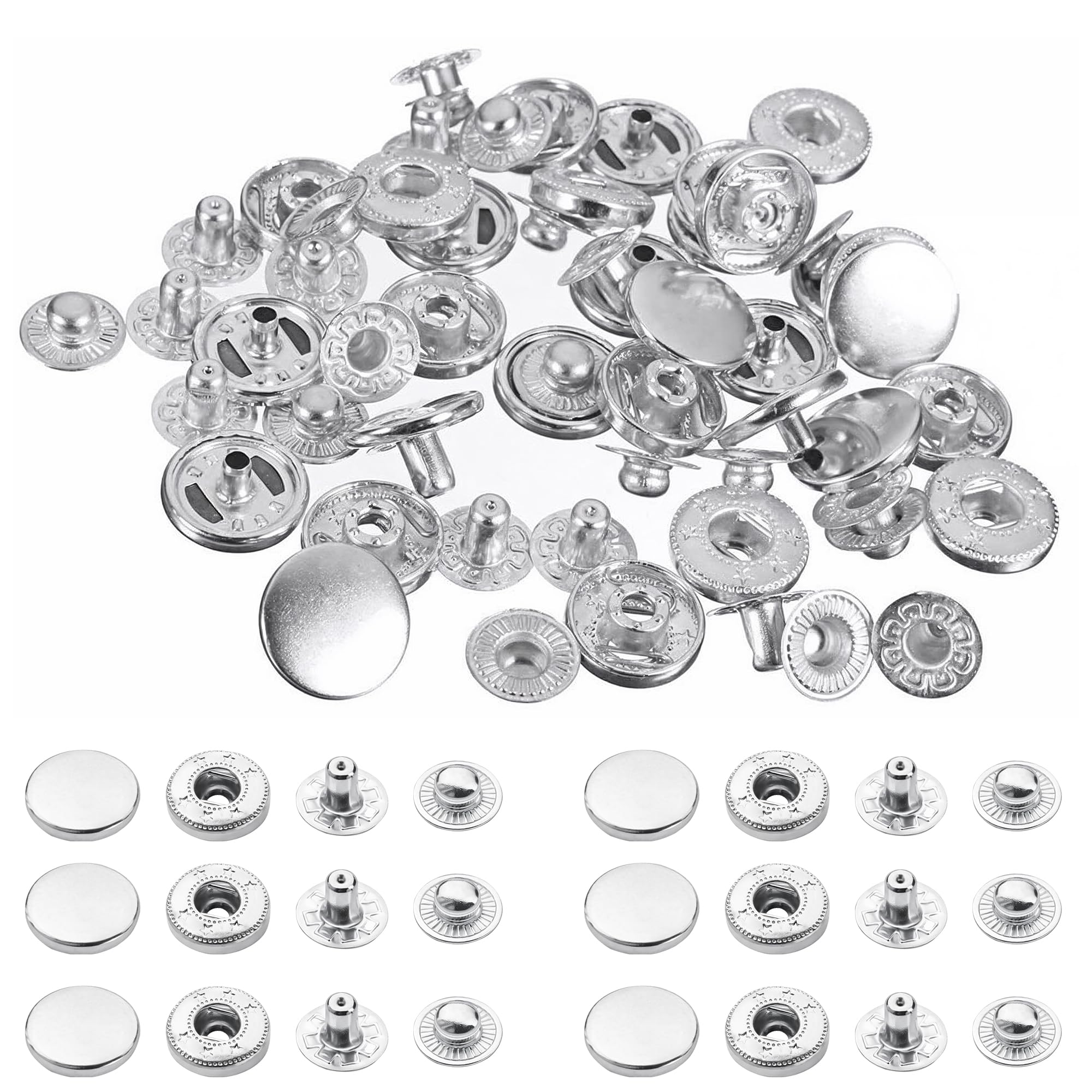 Trimming Shop 12mm S Spring Press Studs 4 Part, Durable and Lightweight, Metal Snap Fasteners for Jackets, Jeans, Leather Craft, Straps and Sewing Projects, Clothes Repair, Silver, 10pcs