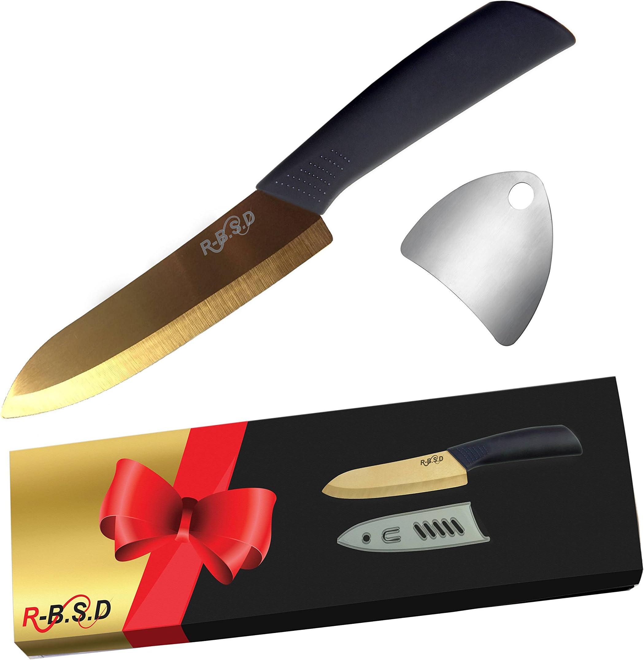 Ceramic Blade Chef Knife – Ultra Sharp 6” Inch Gold Professional Kitchen Knife – Set of Knife and a Cover – Made of Premium Zirconium Oxide – Comes in a Gift Box – Bonus Free Finger Guard – R-B.S.D