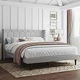 IOILORI Queen Size Bed Frame with Velvet Upholstered Headboard, Platform Bed Frame No Box Spring Needed, Modern Bedframe with Strong Wooden Slats, Light Gray