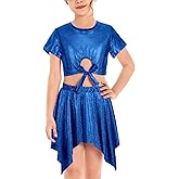 Happy Cherry Kid Girl Shiny Asymmetrical Skirt and Tie Knot Crop Top Set 2 Piece 4-14Y