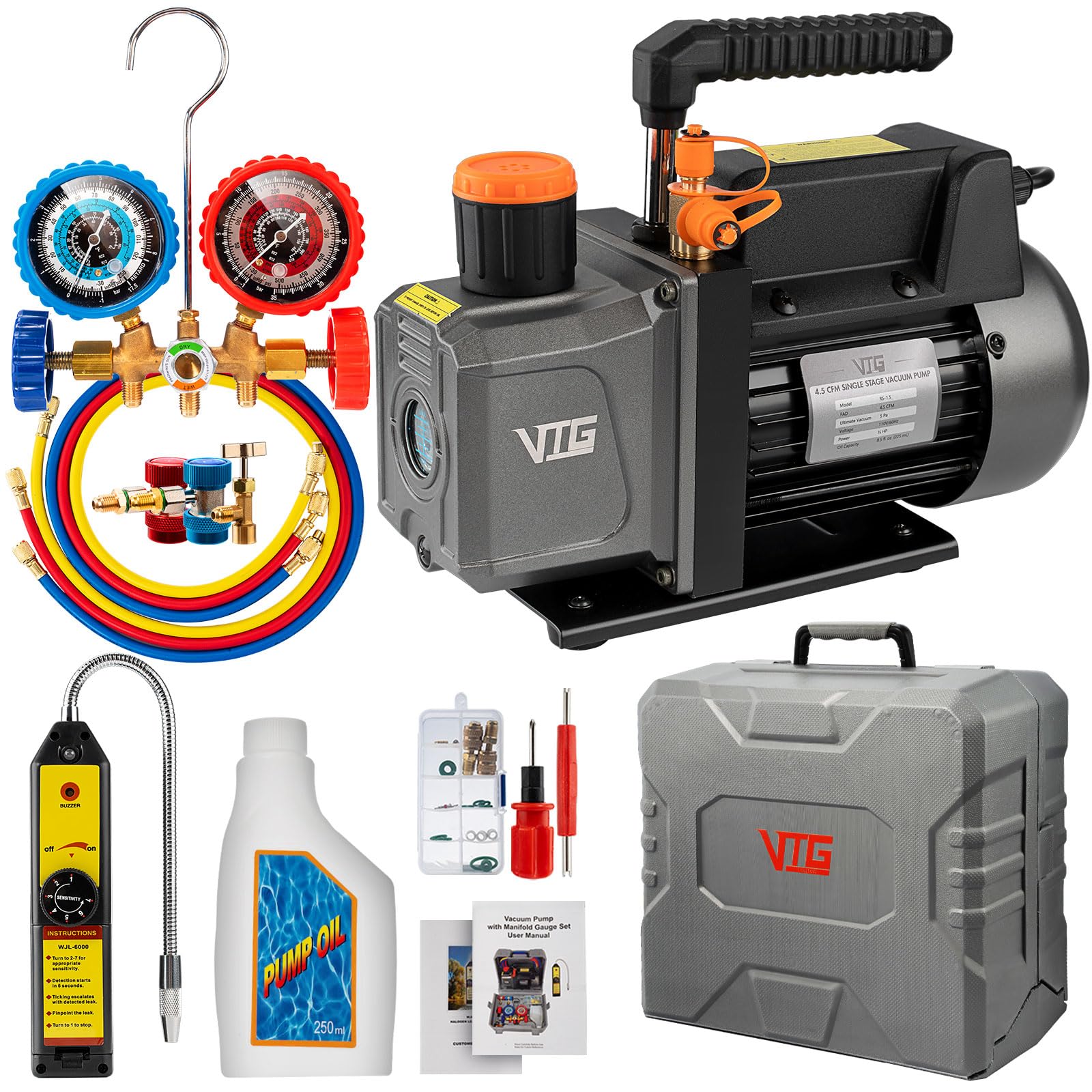 Photo 1 of VTG VOGTEN 4.5 CFM AC Vacuum Pump and Gauge Set,for Mini Split/HVAC/Auto Systems,Manifold Gauge Kit Fits R134a R12 R22 R502,with Leak Detector,Upgraded Trifold Storage Case,3 Hoses,R134a Can Tap
