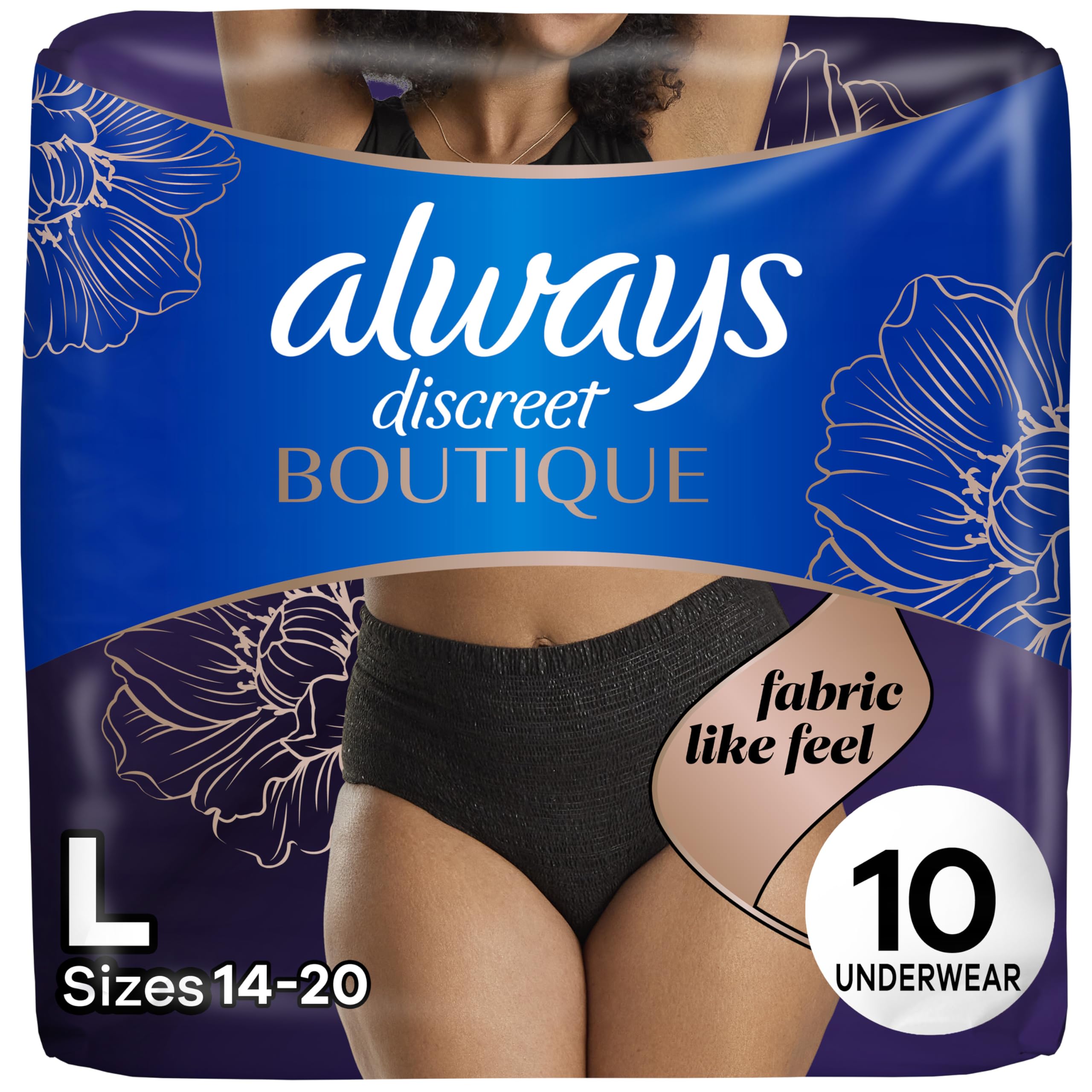 Photo 1 of Always Discreet Boutique Incontinence and Postpartum Underwear for Women, Maximum Protection, Large, Black, 10 Count