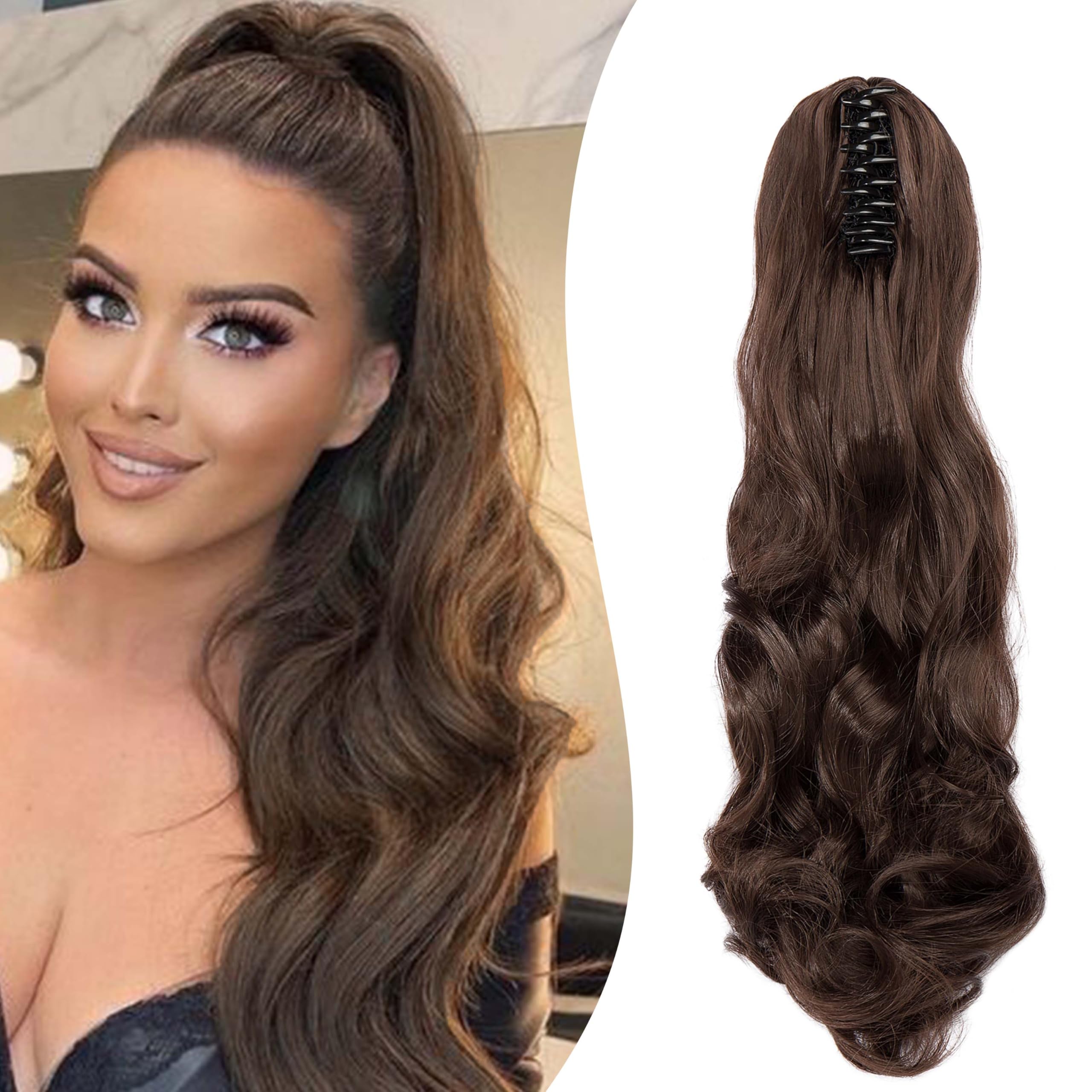 Gairyan 20inch Ponytail Extension Clip in Ponytail Hair Extensions Curly Wavy Pony Tails Claw on Ponytail Long Wave Synthetic Hairpieces for Women Soft Real Look (Ash Brown)