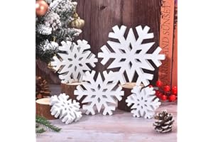 GHOSTMAGIC 5Pcs Christmas Snowflake Wooden Tabletop Decor, White Snowflake Wood Sign Blocks Winter Decoration in 3 Sizes, Farmhouse Tiered Tray Decor Centerpiece for Xmas Party Home Mantel (White)