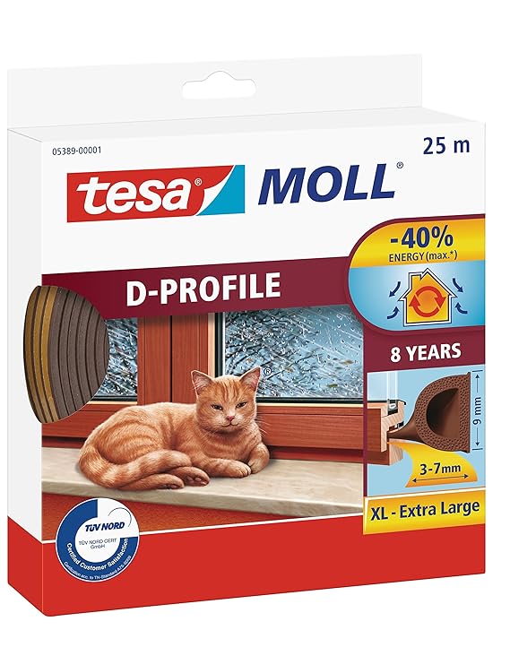tesa H0538901 05389–00001–00 Moll D Zugluftstopper für Türen und Fenster, braun, 25 m x 9 mm
