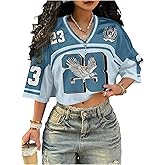 BEAUDRM Women's Number Jersey Shirts Graphic V Neck Short Sleeve Mesh Y2k Crop Tops