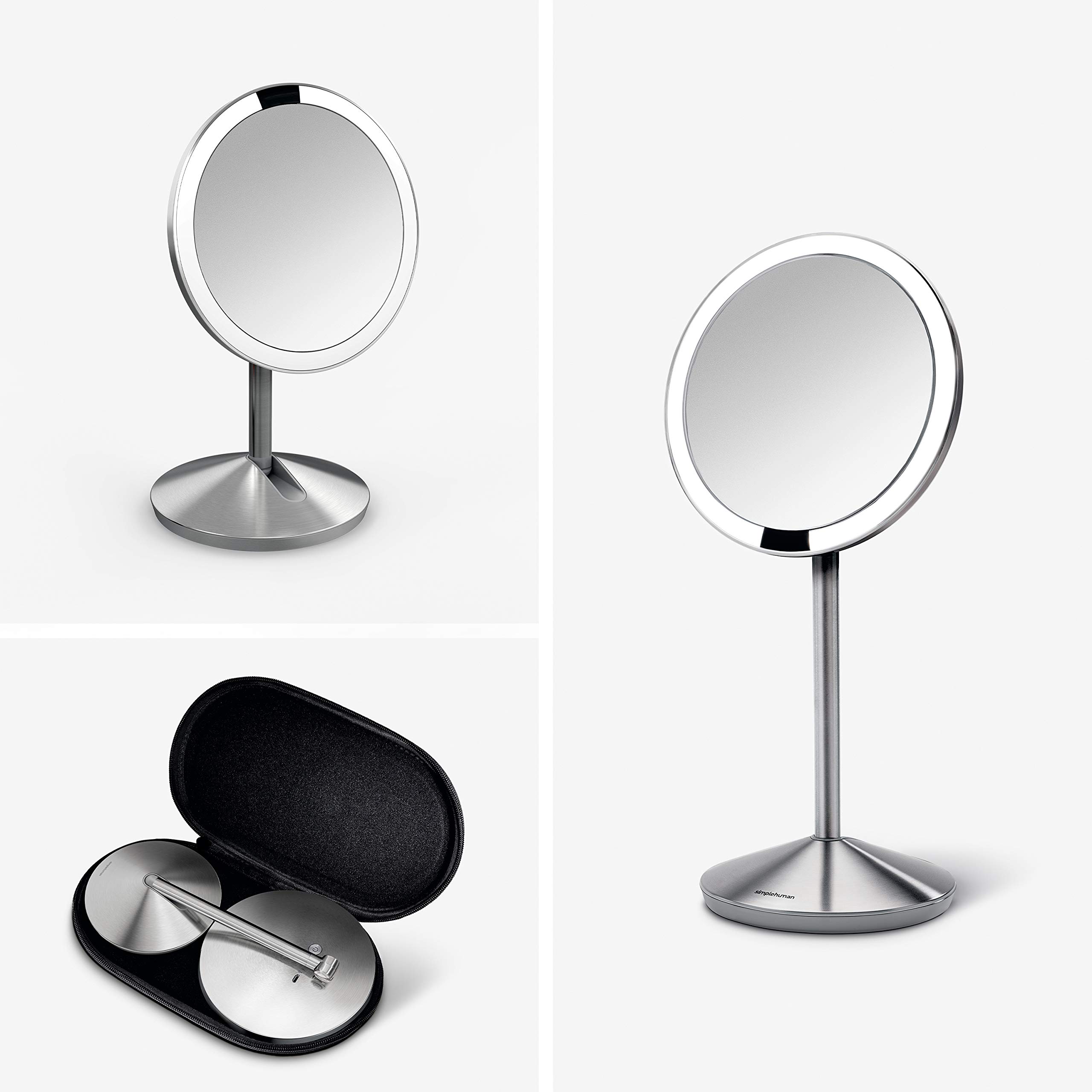 simplehuman 5" Round Rechargeable Mini Travel Sensor Makeup Mirror, 10x Magnification, Brushed Stainless Steel