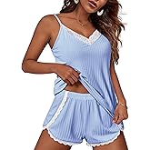 Ekouaer Womens Pajama Sets Soft Lingerie Sleepwear 2 Piece Cami Shorts Set V Neck Pj Lace Nightwear