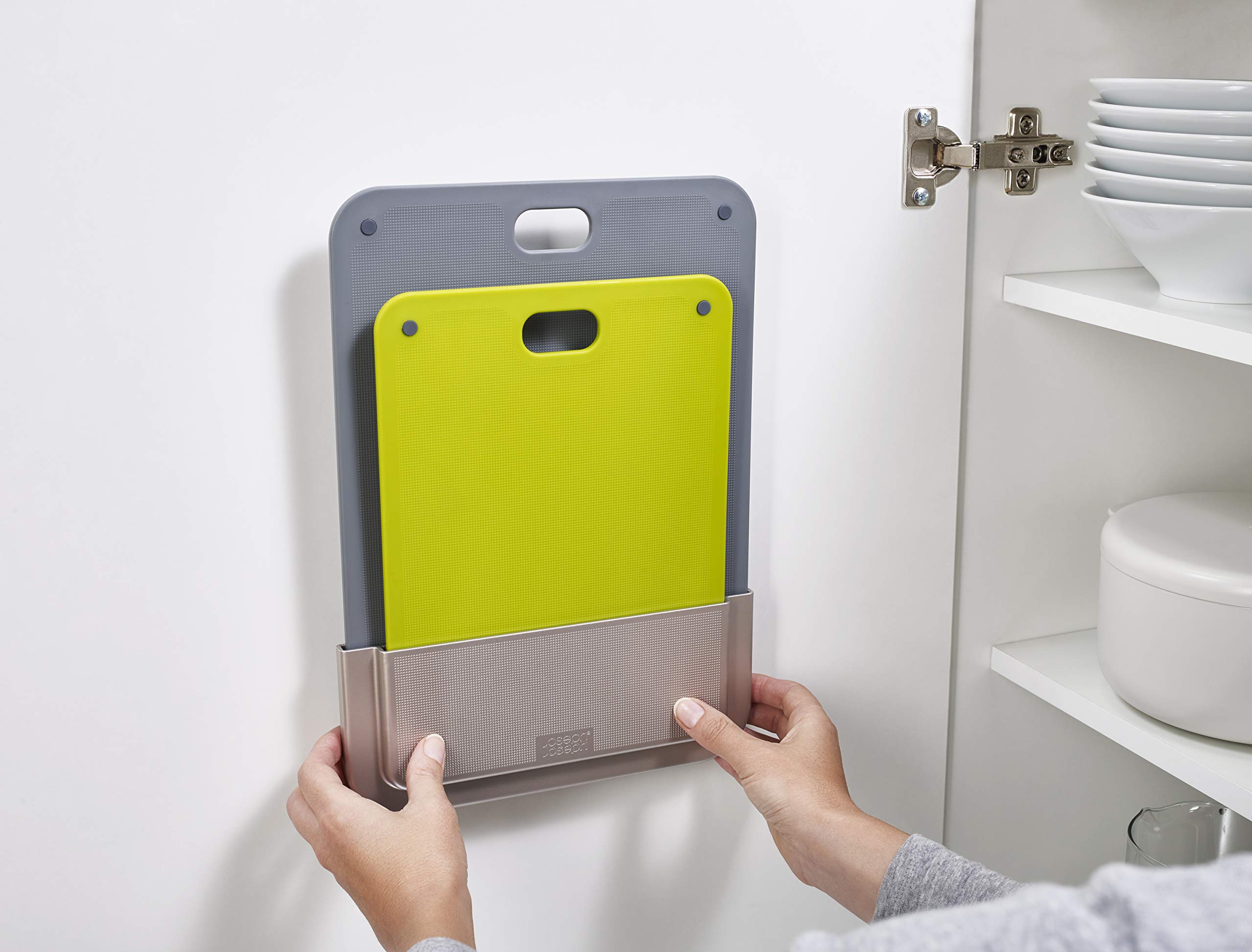 Joseph Joseph DoorStore Chop Cutting Board Set with Storage Case 3M Adhesive Wall and Cabinet Door Mount, 2-Piece, Multicolored