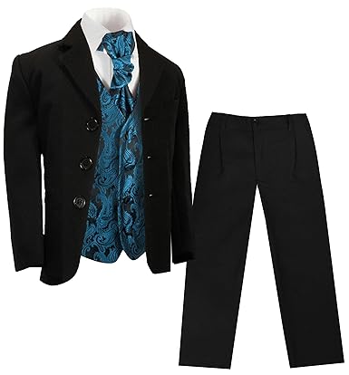 Paul Malone - Jungen Anzug/Kinder Anzug festlich schwarz + Petrol Paisley Hochzeit Weste + Plastron
