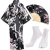 Heone Kimono Satin Peacock Printed Lightweight Cardigan Jacket Coat Yukata Cloak Bathrobe Tops folding Fans Tabi Socks Set