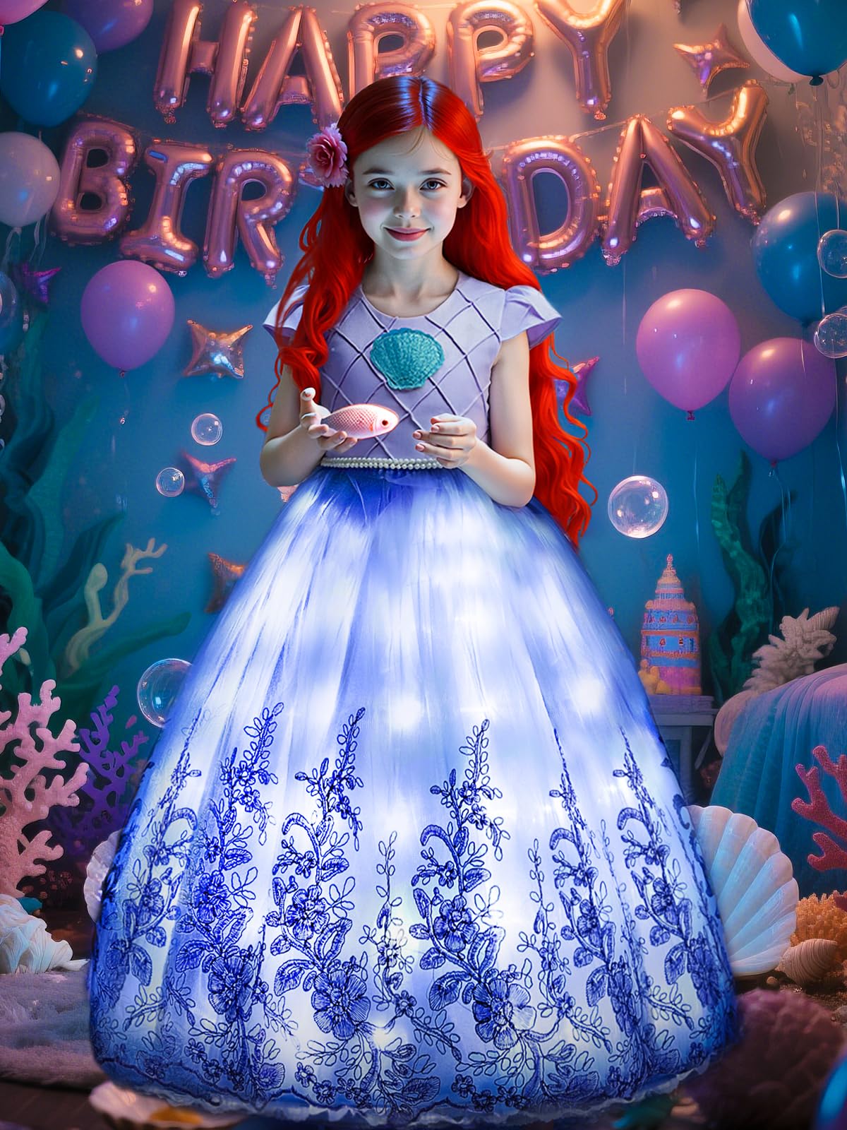 Photo 1 of Gorkonpy Mermaid Costume Dress for Girls Light Up Princess Dresses Birthday Halloween Party Dress Up for Girls (3-4T)
