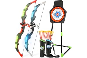 HANDWELL Bow and Arrow Set for Kids, 2-Pack LED Light Up Archery Set with 20 Suction Cup Arrows, Indoor and Outdoor Toy for Boys Girls Age 4-8 8-12 with Standing Target&2 Quivers, Birthday Gift 3-12 Years Old