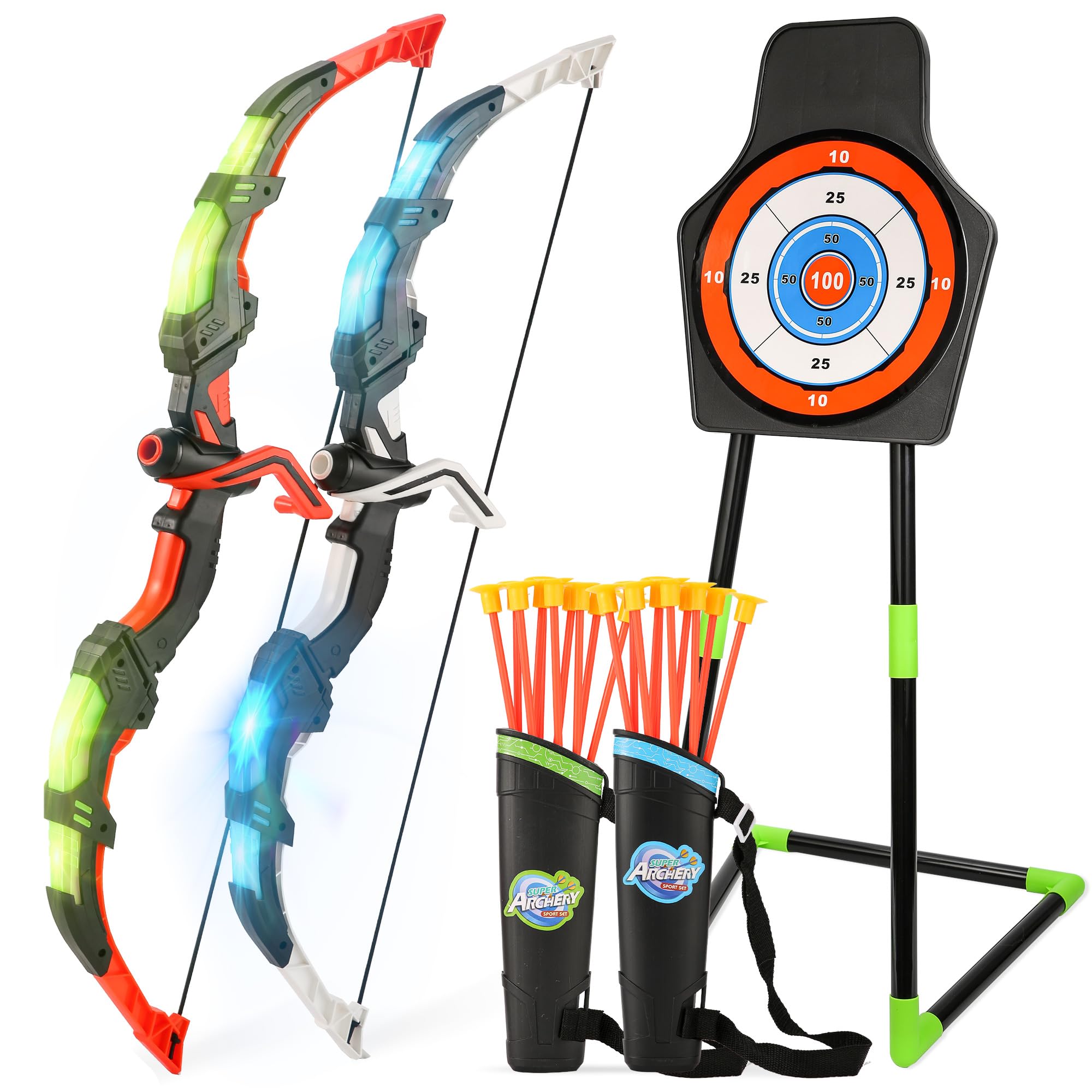 Photo 1 of Bow and Arrow Set for Kids, 2-Pack LED Light Up Archery Set with 20 Suction Cup Arrows, Indoor and Outdoor Toy for Boys Girls Age 4-8 8-12 with Standing Target&2 Quivers, Birthday Gift 3-12 Years Old
