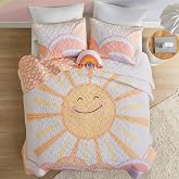 Intelligent Design Kids Sunshine Yellow Queen Cotton Coverlet Set, 3pc | Dorm Bedding Set, Rainbow &amp; Clouds Reversible Quilt Sets, All Season, Machine Washable, Lightweight