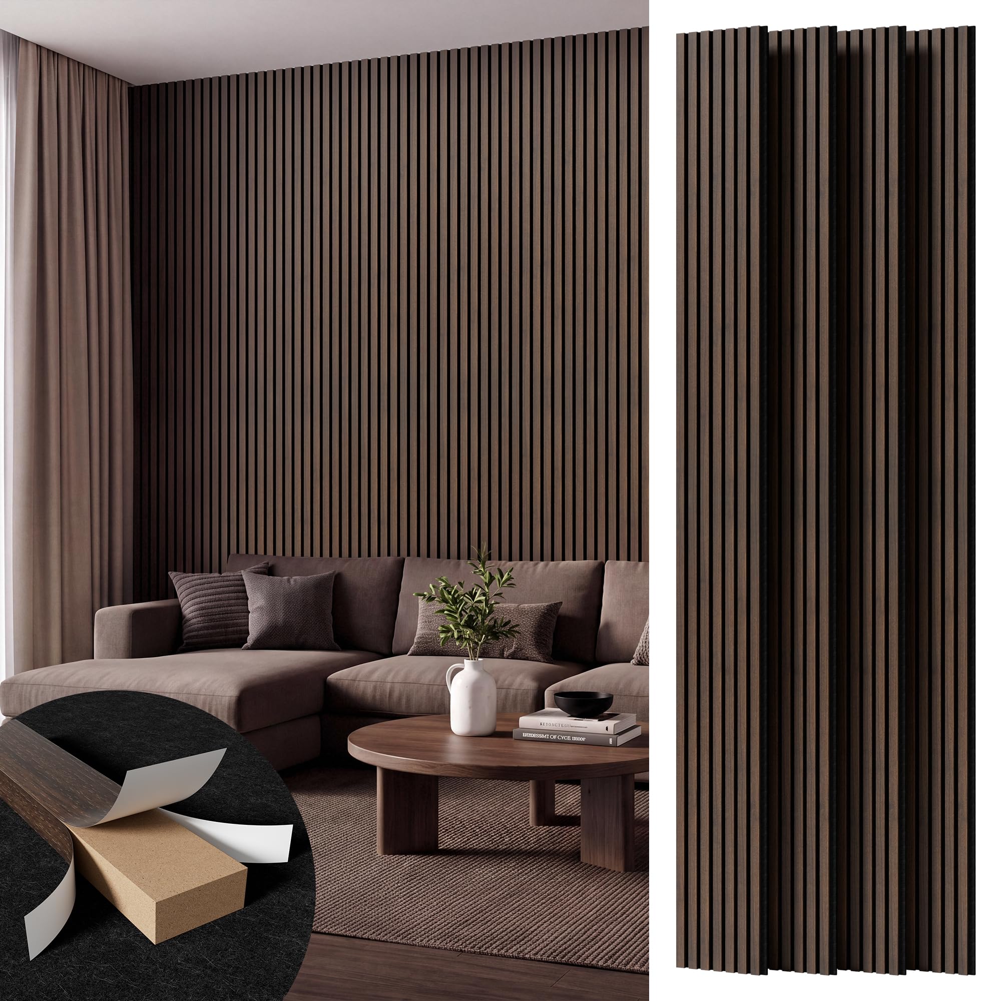 Amsleekey 4-Pack 108″x11″ Acoustic Wood Wall Panels, 8 Hooks, Dark Walnut | 3-sided wood-grain finish, level included, noise-
