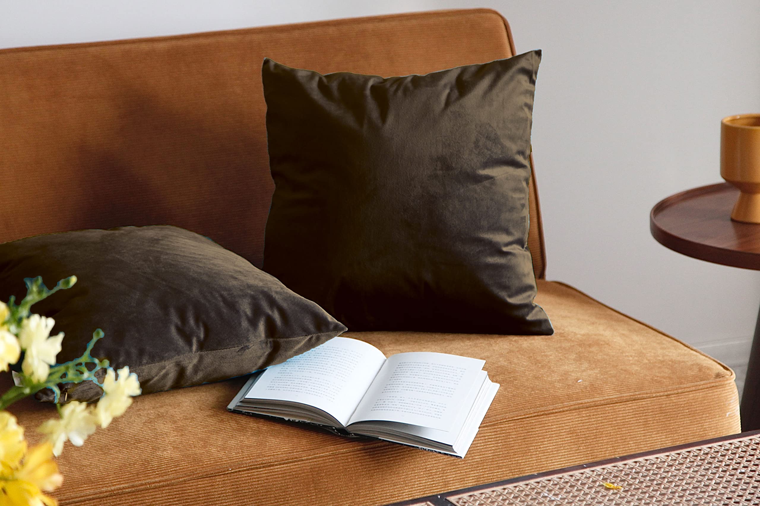 Pagnanno. Set of 2 Soft Velvet Cushion Covers 45x45cm(18x18 Inches) Plain Throw Pillowcases Square Cushion Covers for Chairs,living room,bedroom with Invisible Zipper ((Pack of 2), Chocolate)