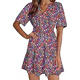 Dokotoo Womens Summer Dresses 2025 Boho Floral Short Sleeve V Neck Smocked Waist Casual A-Line Swing Mini Dress Sundress