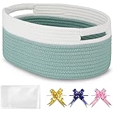 BOSROTY Small Woven Basket with Gift Bags and Ribbons, Empty Baby Gift Baskets for Kids Women Men, Shelf Storage, Small Cat Dog Pet Toy Boxes, 13”x 9”x 5.5”, Light Green