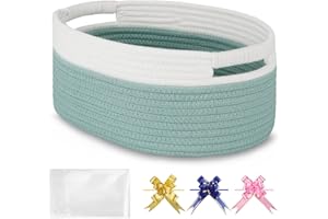 BOSROTY Small Woven Basket with Gift Bags and Ribbons, Empty Gift Basket, Basket for Gifts, Gift Basket for Women Men, Shelf Baskets, Small Cat Dog Pet Toy Basket, 13”x 9”x 5.5”, Light Green