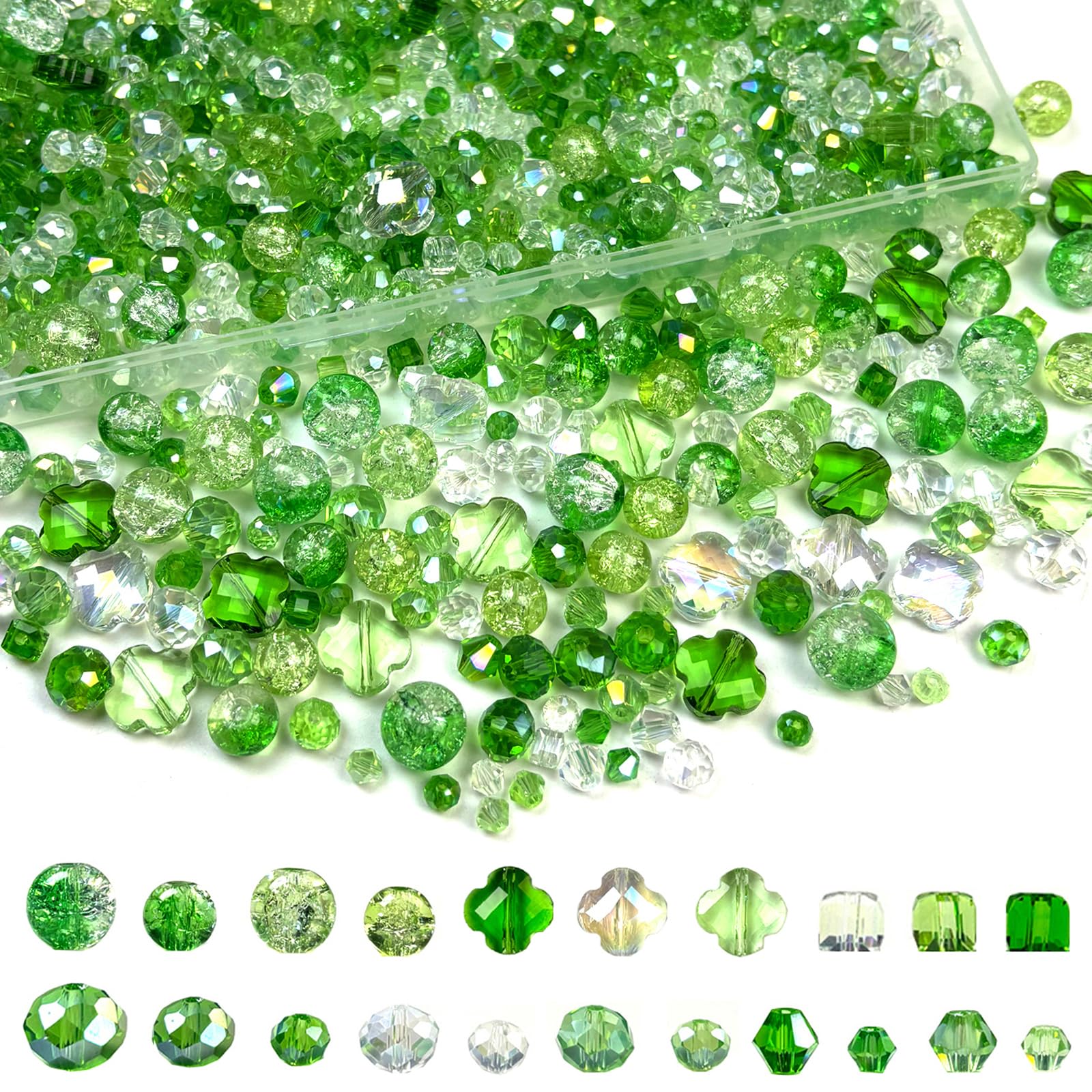 Photo 1 of 1000Pcs Glass Beads for Jewelry Making Crystal Beads for Bracelet Craft Necklace Earring Making Assorted Color 5 Style/Crackle Round/Briolette Faceted/Bicone/Cube/Four-Leaf Clover / 4 Size