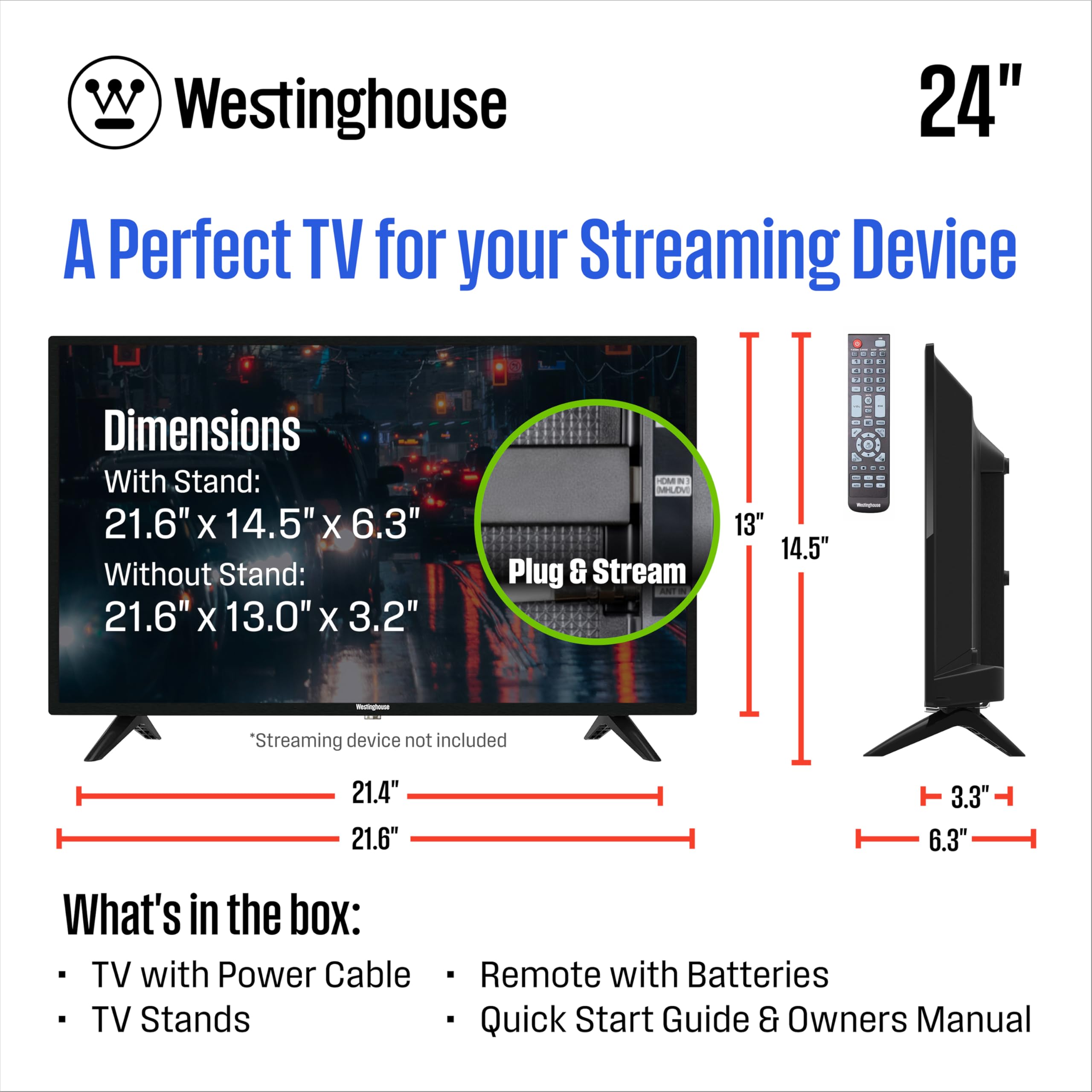 Westinghouse 24 Inch TV, HD LED Small Flat Screen Non-Smart Television, Works with Fire Stick, Roku, Apple TV, TiVo, Xumo, and Streaming Devices