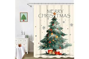 Chyhomenyc Christmas Tree Shower Curtain 72 Inch Length, Farmhouse Xmas Bathroom Curtains, Durable Waterproof Fabric Bathtub Decorations, 72Wx72L Inches, 1 Piece, Cream