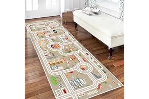 XRYZHC Kids Car Train Rug, 2'6" x 8' Boys Play Carpet, Floor Mat Playmat for Playroom Bedroom Kids Toddler Room，Non Slip Rug Backing (Grey, 2'6" x 8')